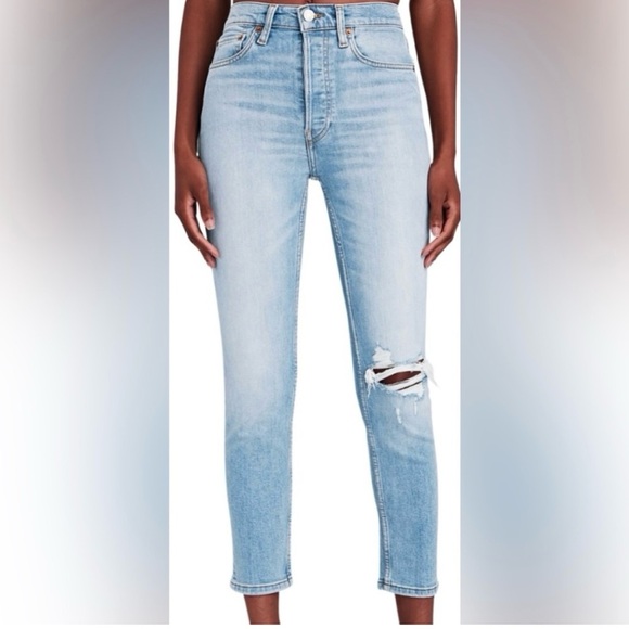 NWT RE/DONE90’s High Rise Button Fly Ankle Crop Distressed Denim Jeans Sz. 29